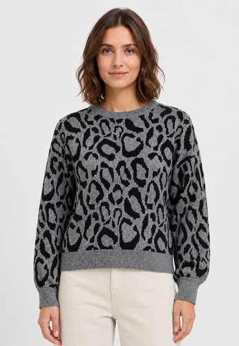 Leopardenmuster Strickpullover Rundhalsausschnitt 