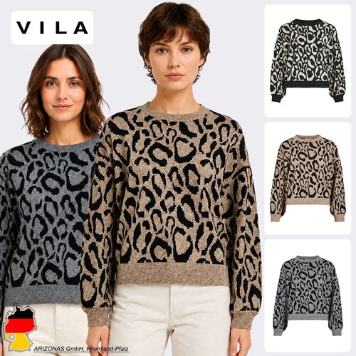 Leopardenmuster Strickpullover Rundhalsausschnitt
