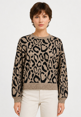 Leopardenmuster Strickpullover Rundhalsausschnitt 