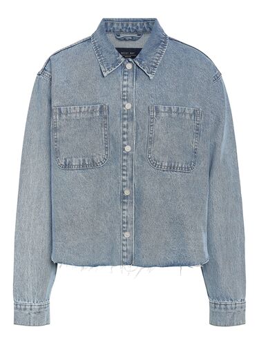Jeansbluse Hemdkragen Brusttaschen Knopfleiste Fransenbund 