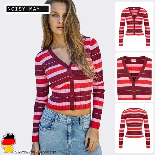 Gestreifte Strickjacke mit V-Ausschnitt Langarm Rippstruktur