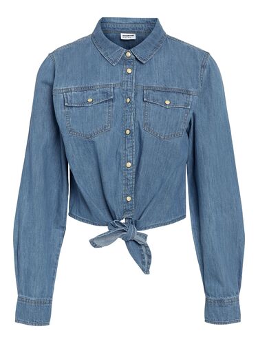Modische Jeansbluse Unifarben Knopfverschluss Kentkragen 