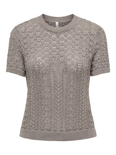 Kurzarm Strickpullover H�kelmuster Rundhals Unifarben 