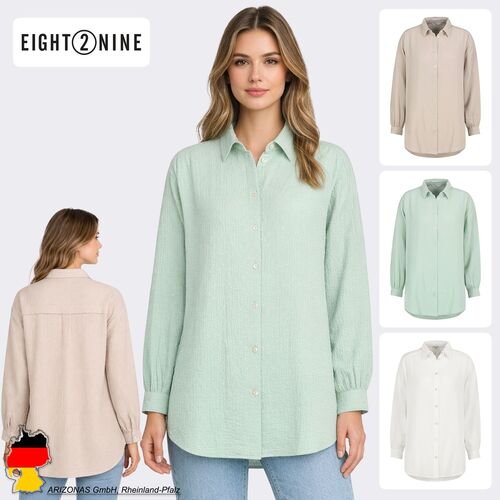 Langarm Bluse Rundhalsausschnitt Knopfleiste Einfarbig