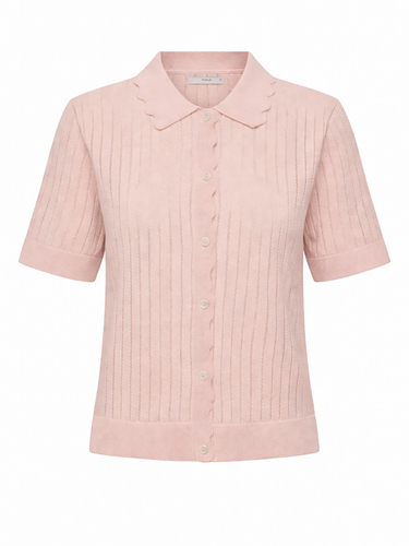 Kurzarm Cardigan Einfarbig Strickstruktur Polokragen 