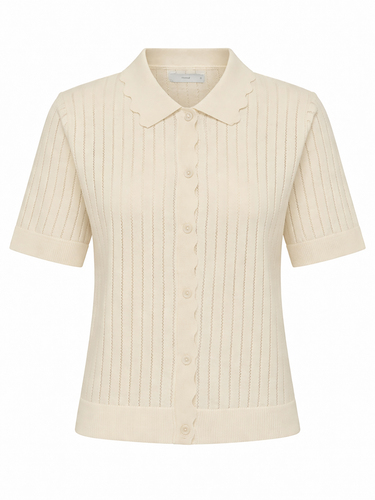 Kurzarm Cardigan Einfarbig Strickstruktur Polokragen 