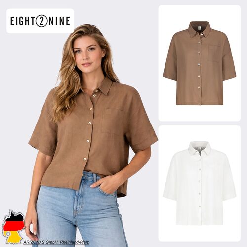 Kurzarm Bluse Rundhalsausschnitt Knopfleiste Brusttasche