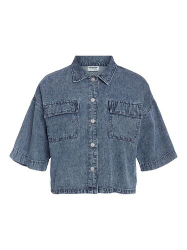 Halbarm Jeanshemd Locker Geschnitten Knopfleiste Casual 