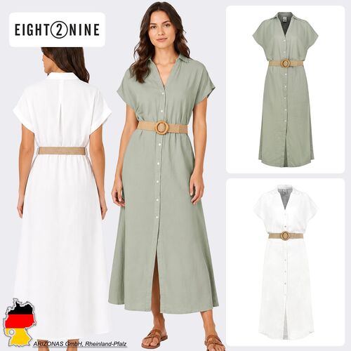 Kurzarm Kleid G�rtel Knopfleiste V-Ausschnitt Einfarbig