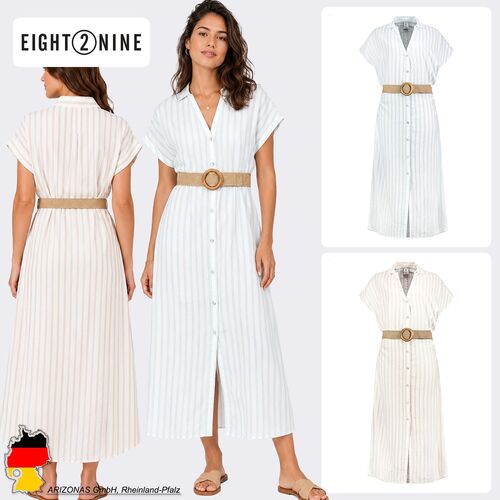 Gestreiftes Maxikleid G�rtel Knopfleiste V-Ausschnitt