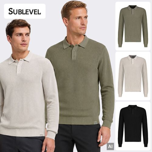 Eleganter Strickpullover Polokragen Knopfleiste Unifarben