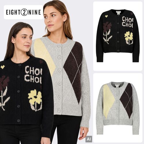 Modische Strickjacke Knopfverschluss Langarm Rundhals