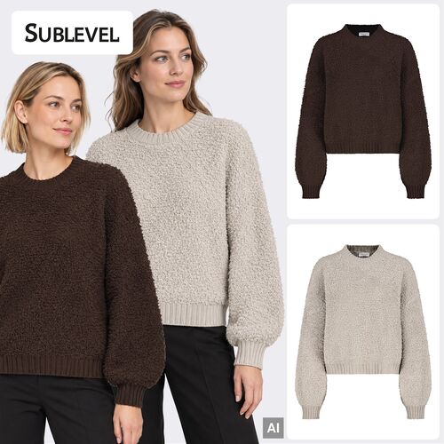 Strukturierter Strickpullover Rundhals Ballon�rmel