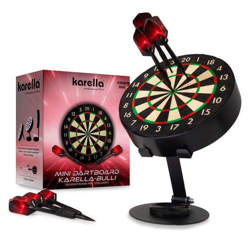 Karella Mini Steel-Dartscheibe Bulli mit 6 Mini Dart-Pfeilen