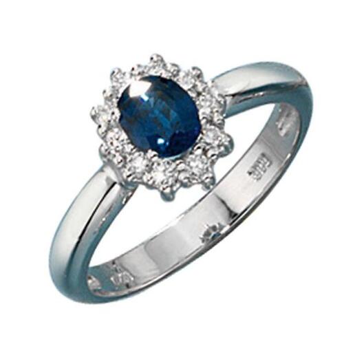 Damen Ring 585 Wei�gold 1 Safir blau 10 Diamanten (Gr��e: 60)