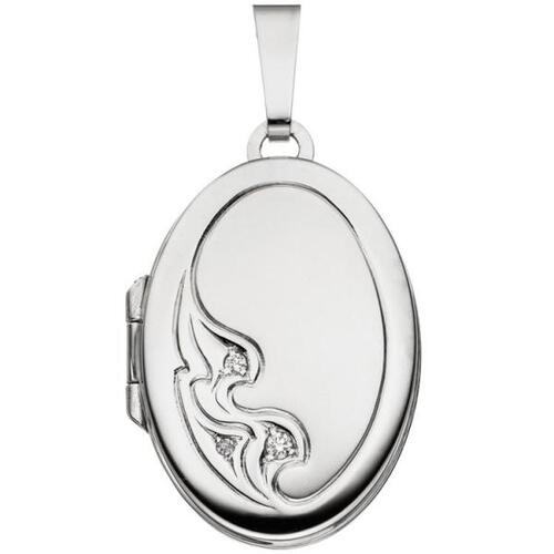 Medaillon oval 585 Wei�gold mattiert 3 Diamanten Anh�nger zum �ffnen