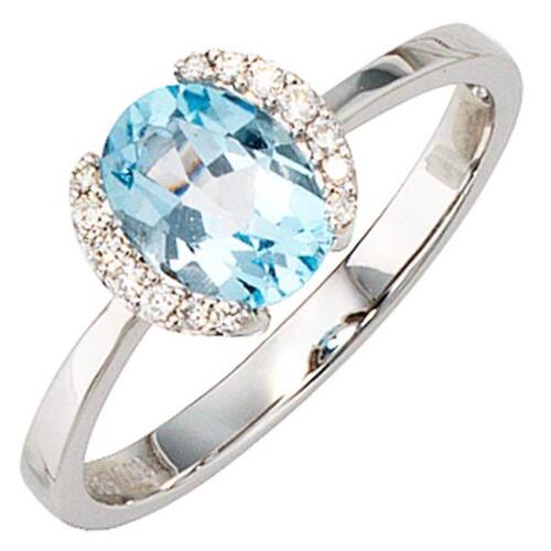 Damen Ring 585 Wei�gold 1 Blautopas blau, 14 Diamanten (Gr��e: 60)