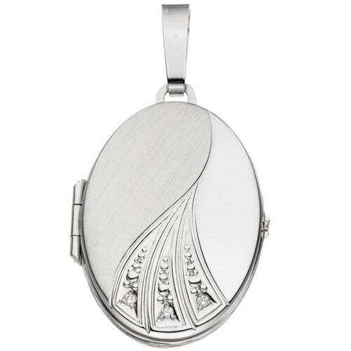 Medaillon oval aus 585 Wei�gold mattiert 3 Diamanten