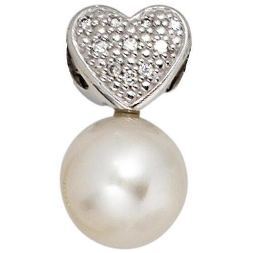 Anh�nger Herz 585 Gold Wei�gold 1 S��wasser Perle 10 Diamanten