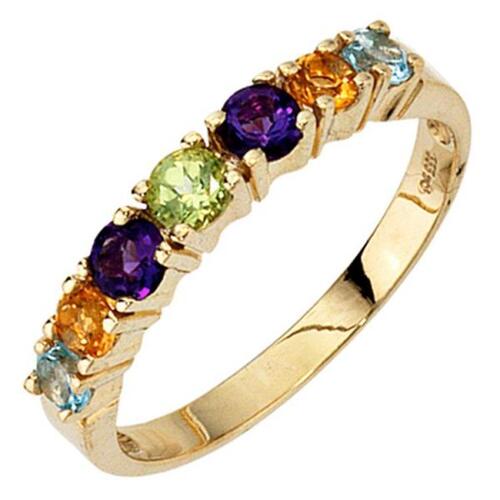 Damen Ring 333 Gelbgold, 2 Amethyste 2 Citrine 1 Peridot 2 Blautopase (Gr��e: 60)
