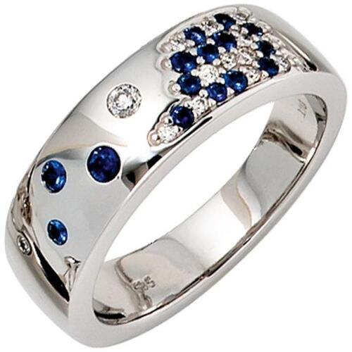 Damen Ring 585 Wei�gold Diamanten  0,10ct. 15 Safire blau (Gr��e: 54)
