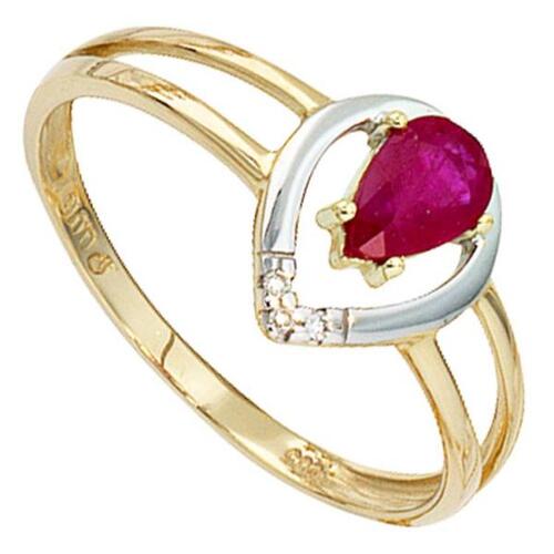 Damen Ring 585 Gelbgold Rubin rot, 3 Diamanten (Gr��e: 54)