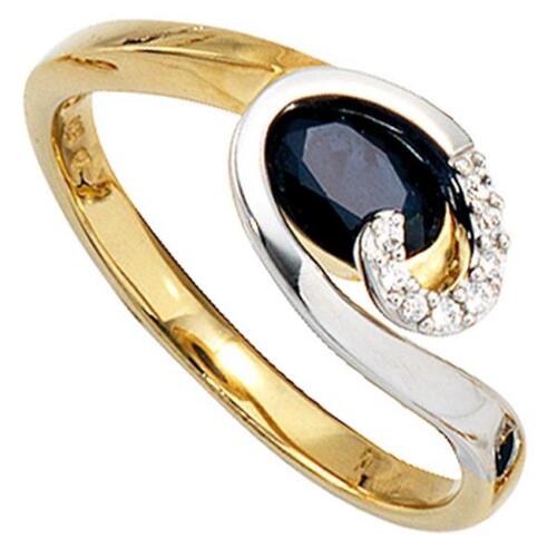 Damen Ring 585 Gelbgold Wei�gold 1 Safir blau 8 Diamanten (Gr��e: 60)