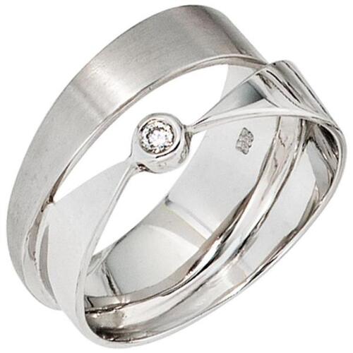 Damen Ring breit 585 Gold Wei�gold matt mattiert 1 Diamant Brillant (Gr��e: 56)