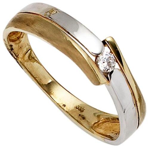 Damen Ring 333 Gelbgold Wei�gold teil matt 1 Zirkonia Goldring (Gr��e: 50)