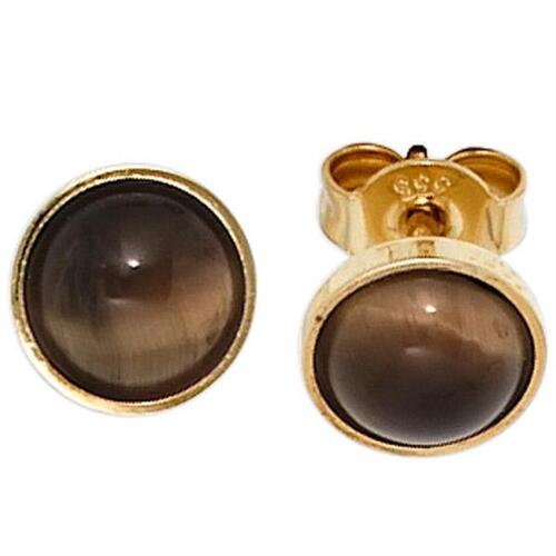 Ohrstecker rund 333 Gelbgold 2 Tigeraugen braun Goldohrstecker
