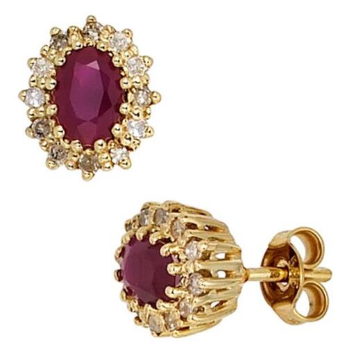 Ohrstecker 585 Gold Gelbgold 24 Diamanten 0,24 ct. 2 Rubine rot