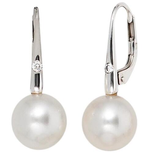Boutons 585 Wei�gold 2 S��wasserperlen Perlen 2 Diamanten Ohrh�nger