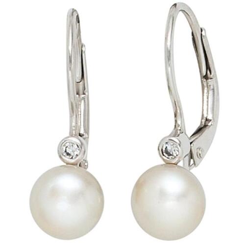 Boutons 925 Silber 2 S��wasser Perlen 2 Zirkonia Ohrh�nger