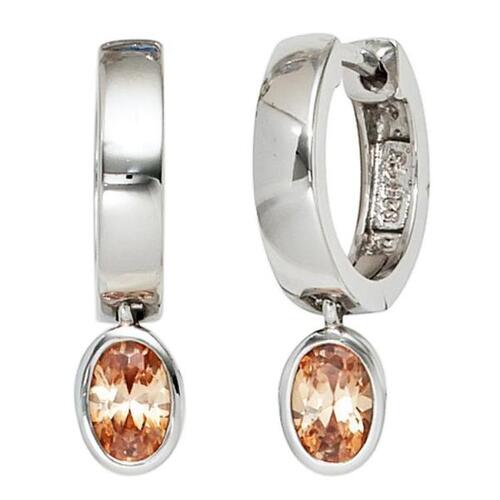 Creolen 925 Sterling Silber rhodiniert 2 Zirkonia champagner Ohrringe