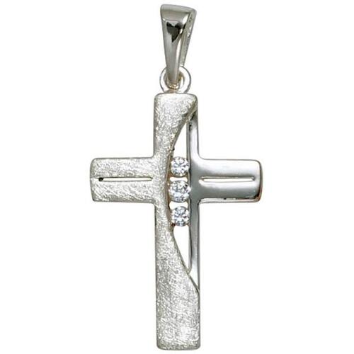Anh�nger Kreuz 925 Sterling Silber rhodiniert teileismatt 3 Zirkonia
