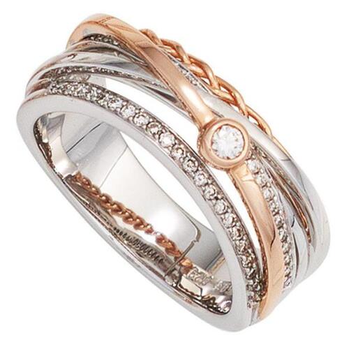 Damen Ring breit 585 Wei�gold Rotgold bicolor 48 Diamanten (Gr��e: 56)