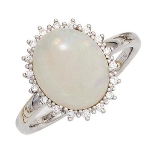 Damen Ring 585 Gold Wei�gold Opal-Cabochon 18 Diamanten (Gr��e: 58)