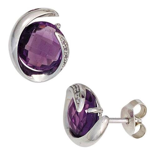 Ohrstecker 585 Wei�gold 2 Amethyste 10 Diamanten Brillanten