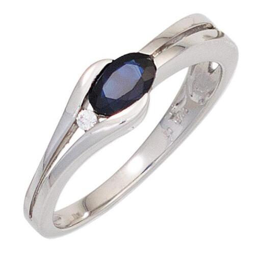 Damen Ring 333 Gold Wei�gold 1 Safir blau 1 Diamant Brillant (Gr��e: 52)