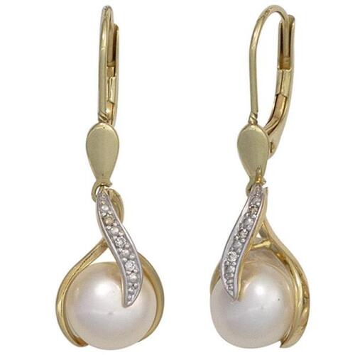 Boutons 585 Gelbgold 2 S��wasserperlen 6 Diamanten Ohrringe