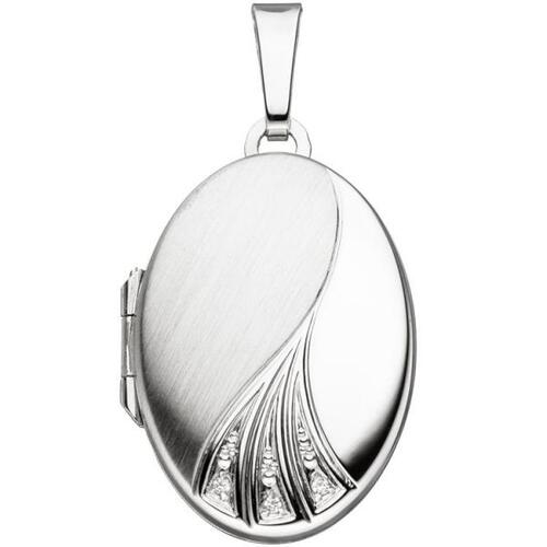 Medaillon oval 375 Gold Wei�gold mattiert 3 Zirkonia Anh�nger zum �ffnen