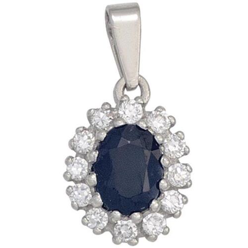 Anh�nger 925 Sterling Silber rhodiniert 12 Zirkonia 1 Safir blau