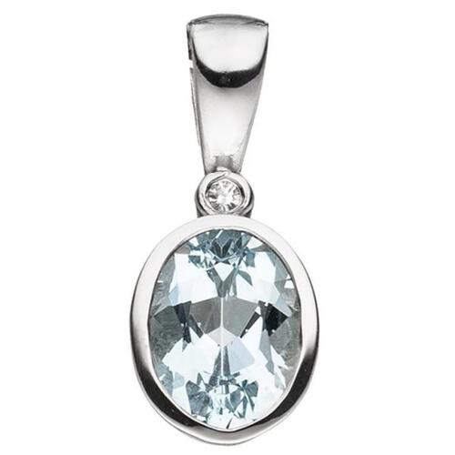 Anh�nger oval 585 Wei�gold 1 Aquamarin blau hellblau 1 Diamant 0,01ct.