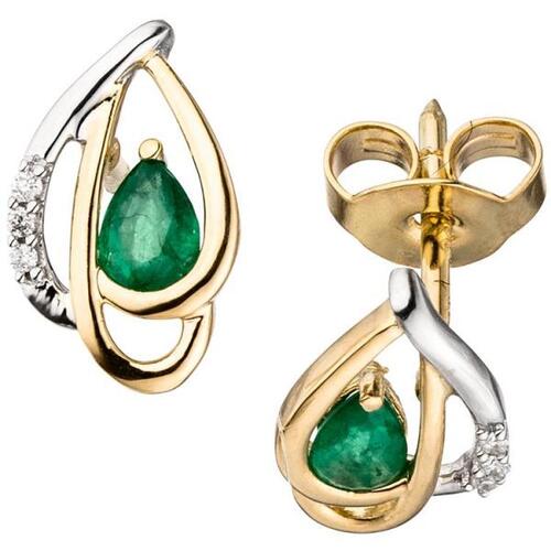 Ohrstecker 585 Gelbgold bicolor 6 Diamanten Brillanten 2 Smaragde gr�n