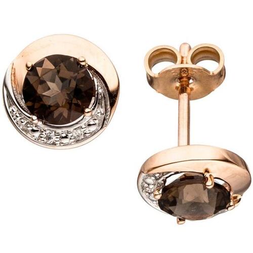 Ohrstecker rund 585 Gold Rotgold 4 Diamanten Brillanten 2 Rauchquarze braun