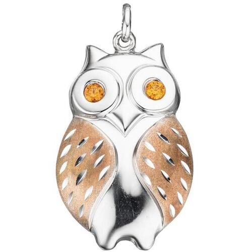 Anh�nger Eule 925 Silber rotgold vergoldet bicolor 2 Zirkonia orange