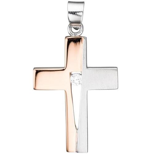 Anh�nger Kreuz 925 Silber rotgold vergoldet bicolor 1 Zirkonia