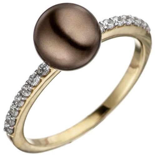 Damen Ring 333 Gelbgold bicolor mit dunkler Perle und Zirkonia (Gr��e: 60)