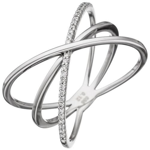 Damen Ring 3-reihig 585 Gold Wei�gold 30 Diamanten (Gr��e: 54)