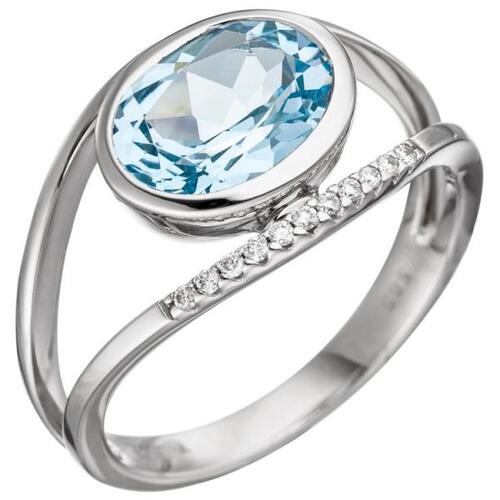 Damen Ring 585 Wei�gold 11 Diamanten 1 Blautopas blau (Gr��e: 54)